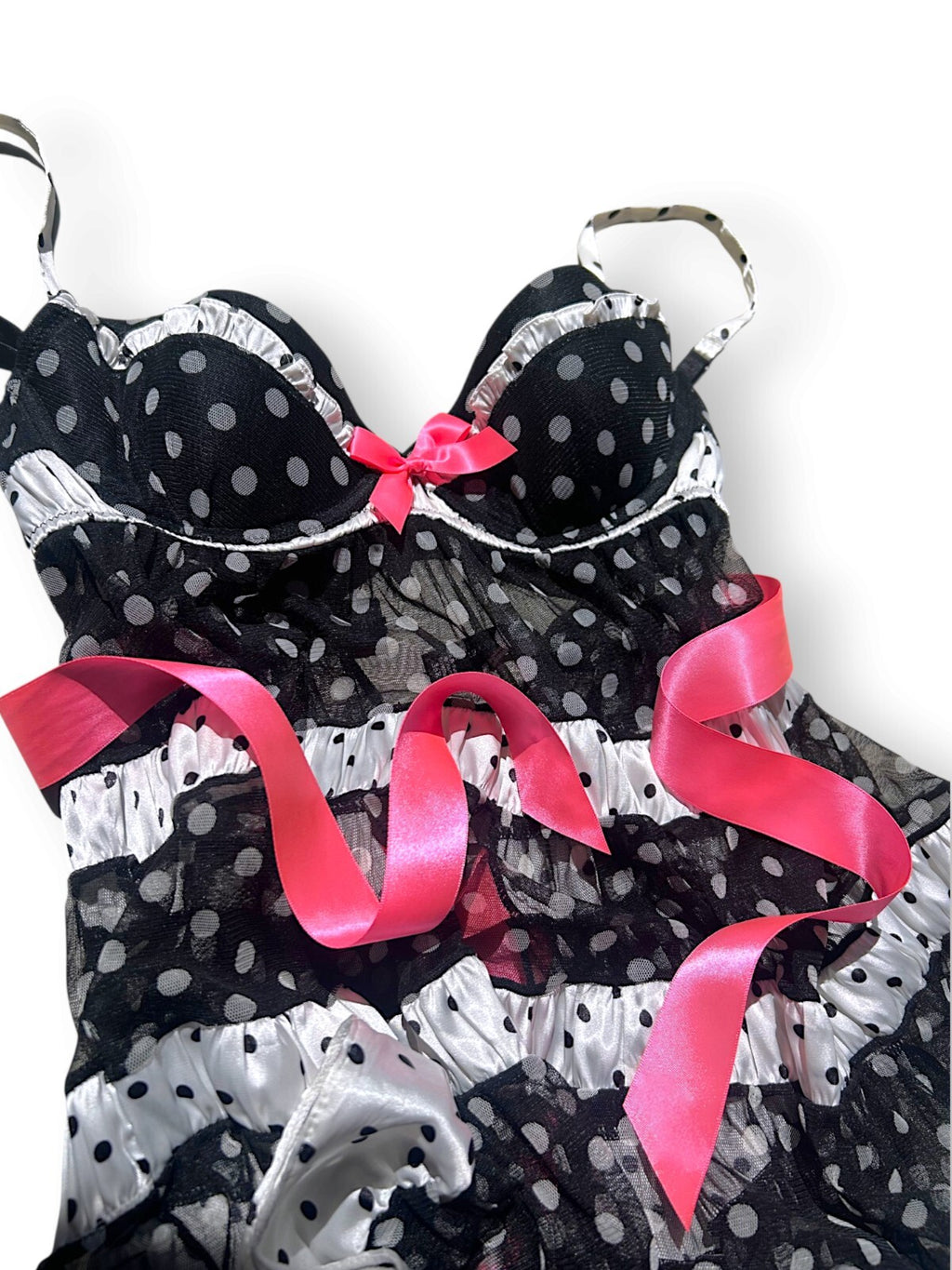 2010 Victoria's Secret Polka Dot Babydoll Lingerie Dress 36B Pink Bows
