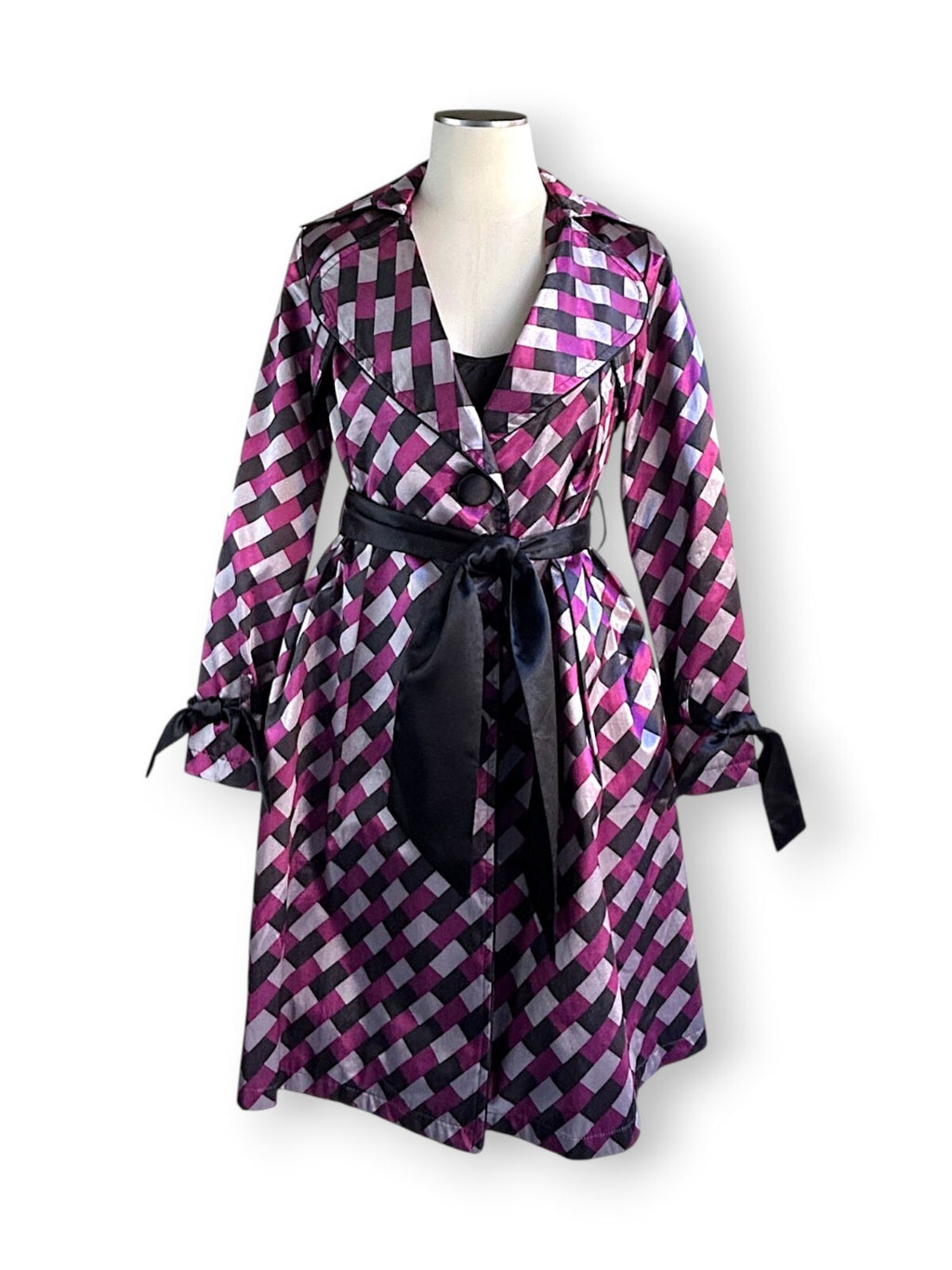 Vintage Harlequin Satin Hostess Dress Coat in Pink Black Diamond Print