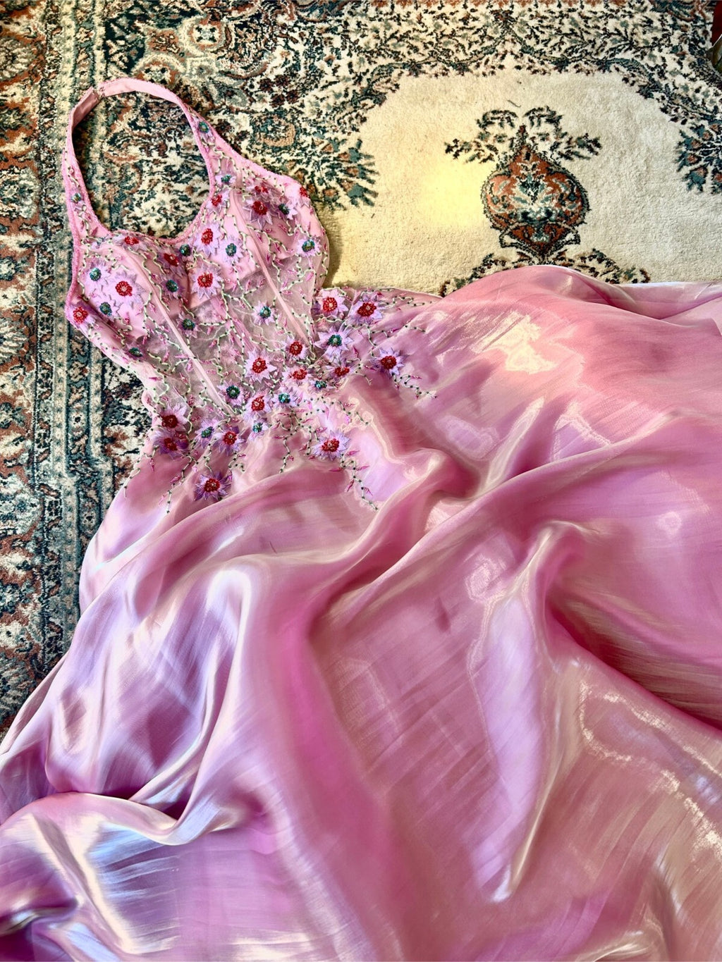Yve London Y2K Vintage Pink Iridescent Floral Halter Fairy Princess Prom Dress