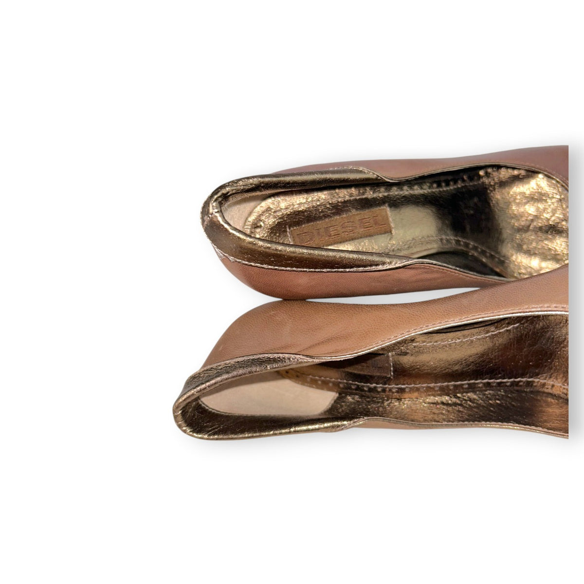 Vintage Y2K Diesel Brown Leather Peep Toe Heels Bronze Trim