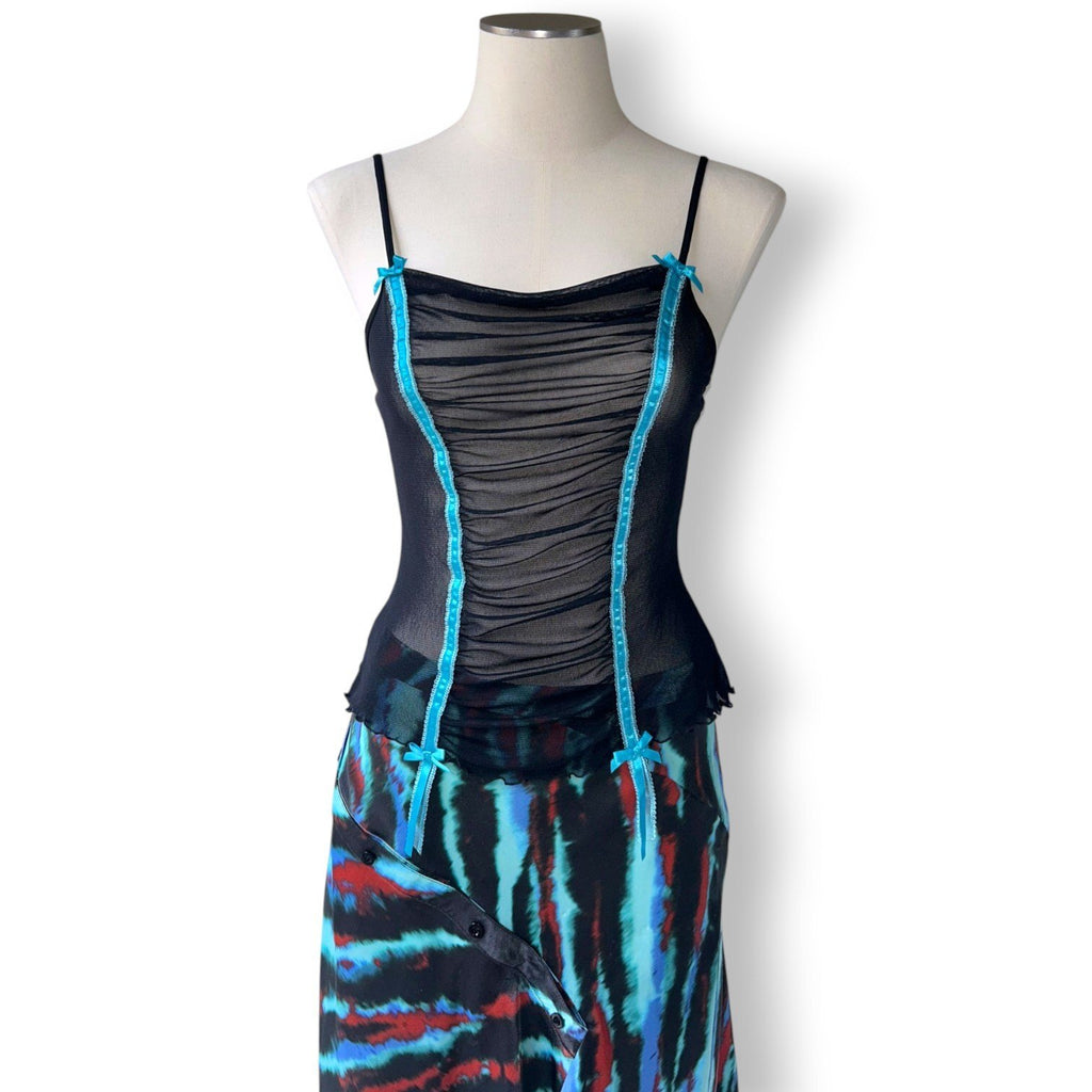 Victoria's Secret Vintage 2005 Mesh Camisole Black Blue Ruched Sheer Y2K McBling