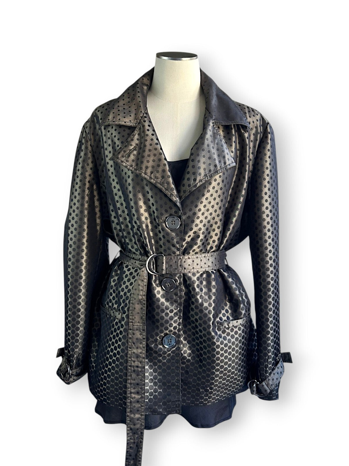 Vintage Y2K Liz Jordan Polka Dot Satin Trench Jacket Belted Black XL