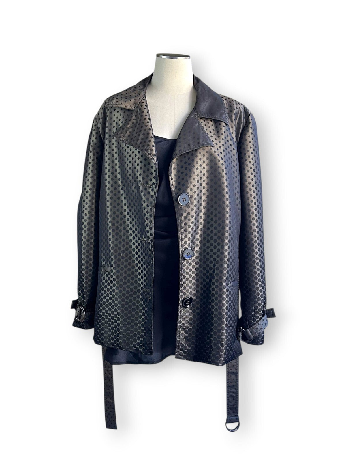 Vintage Y2K Liz Jordan Polka Dot Satin Trench Jacket Belted Black XL
