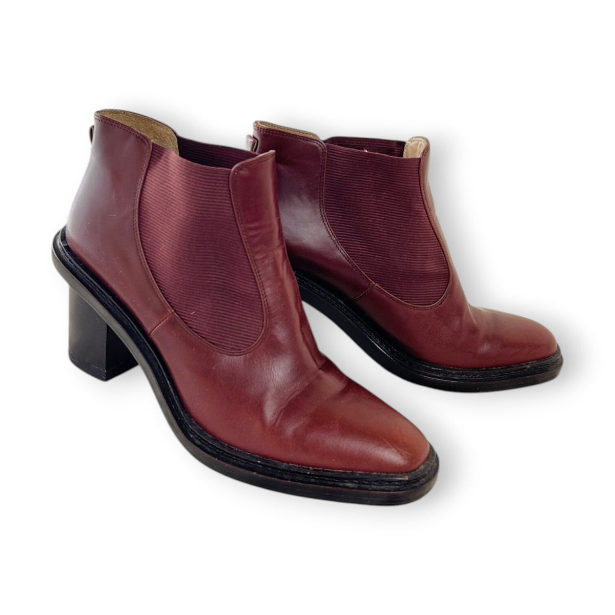 Oroton Oxblood Burgundy Leather Chelsea Ankle Boots Block Heel Sample Size 37