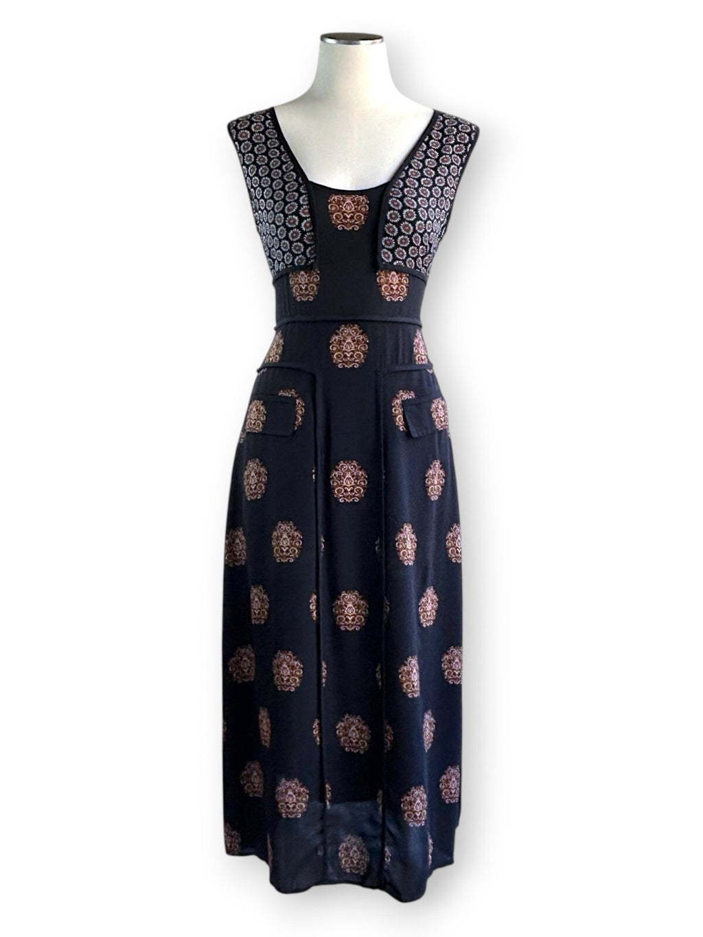 A.L.C. Resort 2016 Silk Crepe de Chine Midi Dress Black Medallion Print AU 10