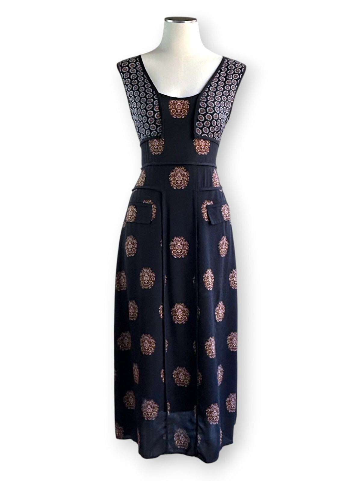 A.L.C. Resort 2016 Silk Crepe de Chine Midi Dress Black Medallion Print AU 10