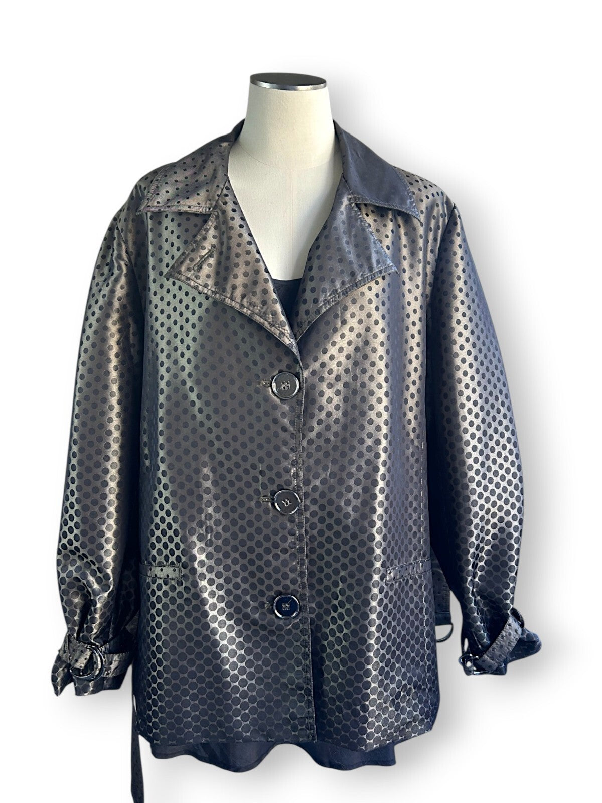 Vintage Y2K Liz Jordan Polka Dot Satin Trench Jacket Belted Black XL
