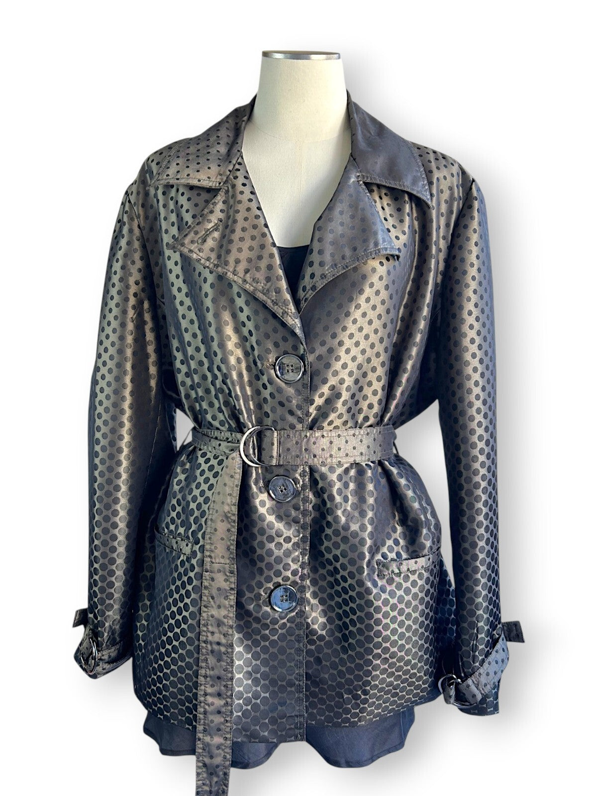 Vintage Y2K Liz Jordan Polka Dot Satin Trench Jacket Belted Black XL