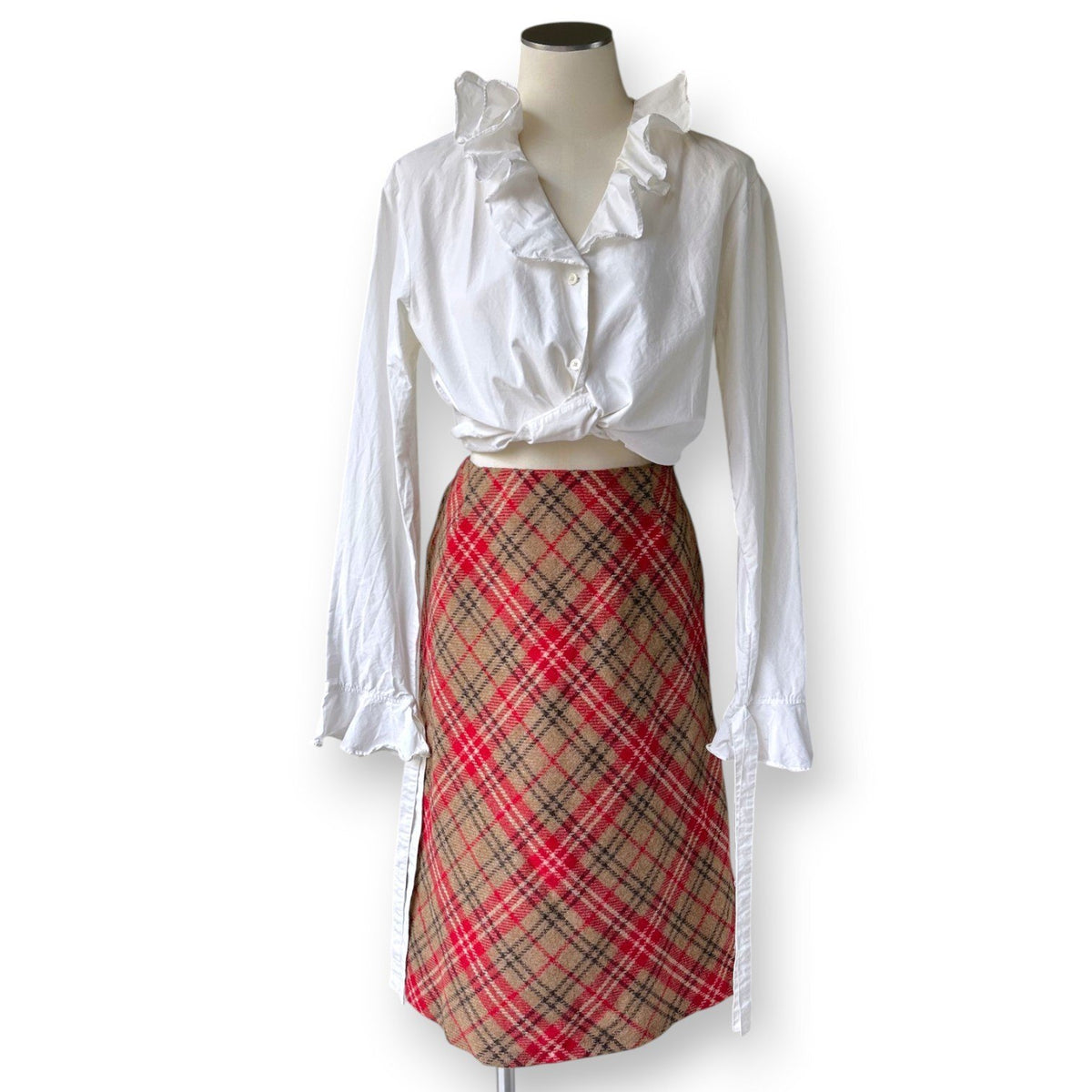 Vintage Laura Ashley Pure Wool Tartan Plaid Midi Skirt Red Beige UK 12 Lined