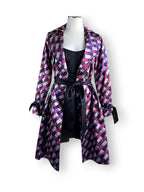 Vintage Harlequin Satin Hostess Dress Coat in Pink Black Diamond Print