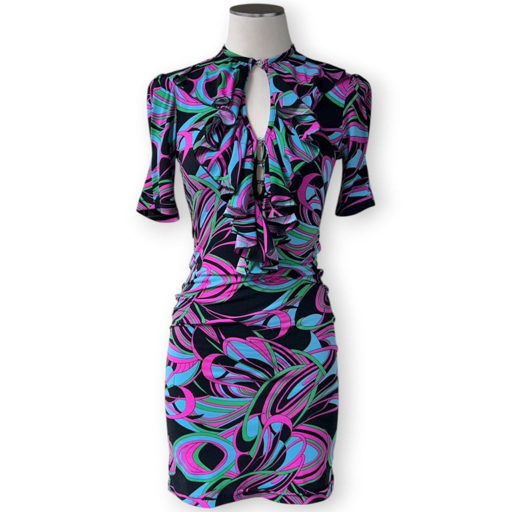Vintage Review Australia Psychedelic Swirl Ruffle Mini Dress Size 8 Y2K