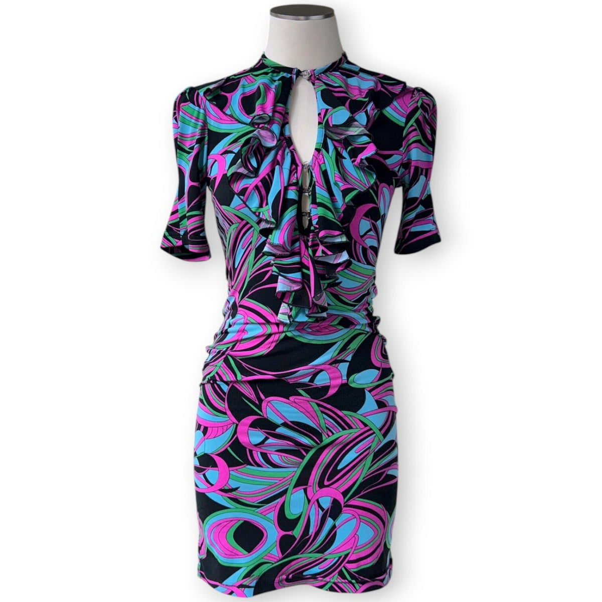 Vintage Review Australia Psychedelic Swirl Ruffle Mini Dress Size 8 Y2K