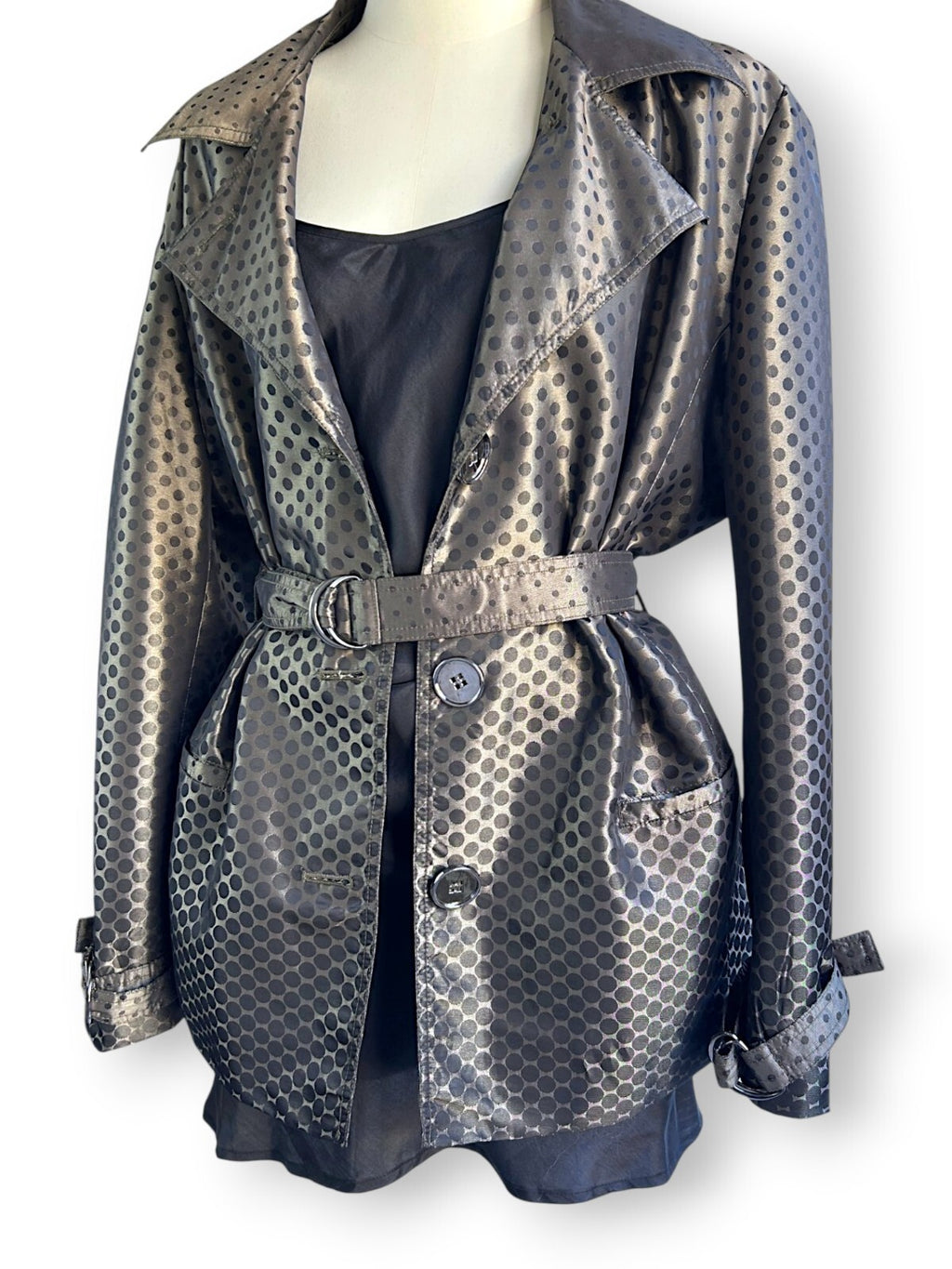 Vintage Y2K Liz Jordan Polka Dot Satin Trench Jacket Belted Black XL