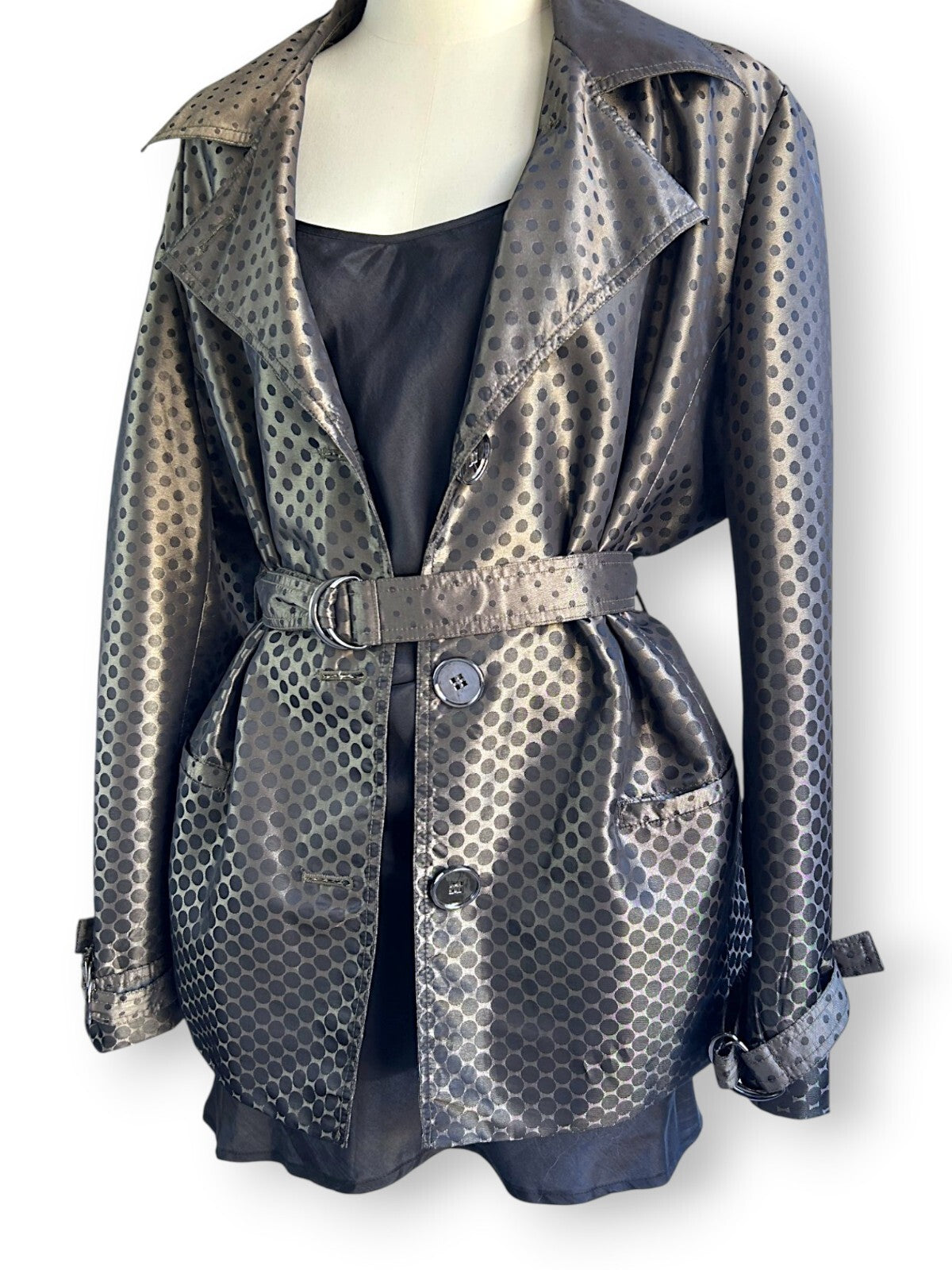 Vintage Y2K Liz Jordan Polka Dot Satin Trench Jacket Belted Black XL