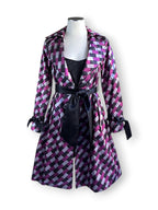 Vintage Harlequin Satin Hostess Dress Coat in Pink Black Diamond Print