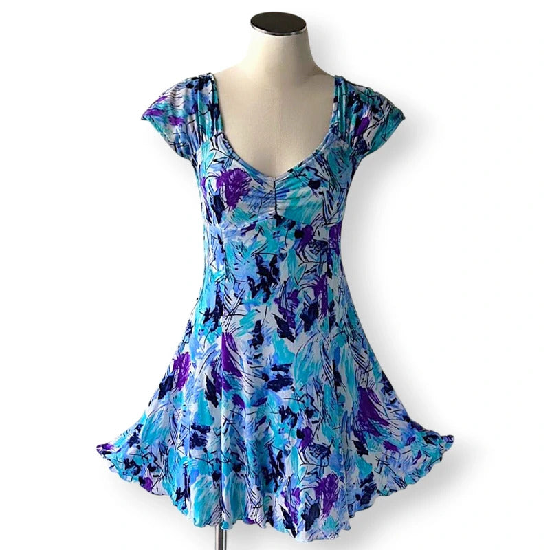 Y2K Whimsicore Abstract Watercolour Print Fit & Flare Mini Dress