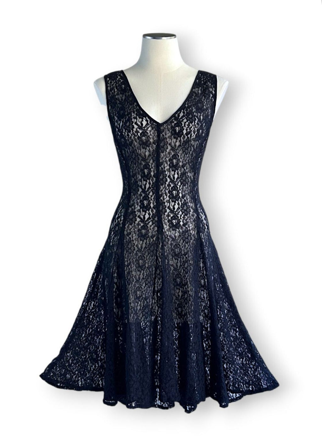 Vintage DKNY Black Lace Sheer Midi Dress Gothic Romantic Layering Dress US 10