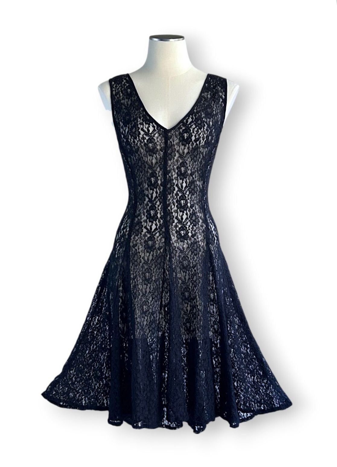 Vintage DKNY Black Lace Sheer Midi Dress Gothic Romantic Layering Dress US 10