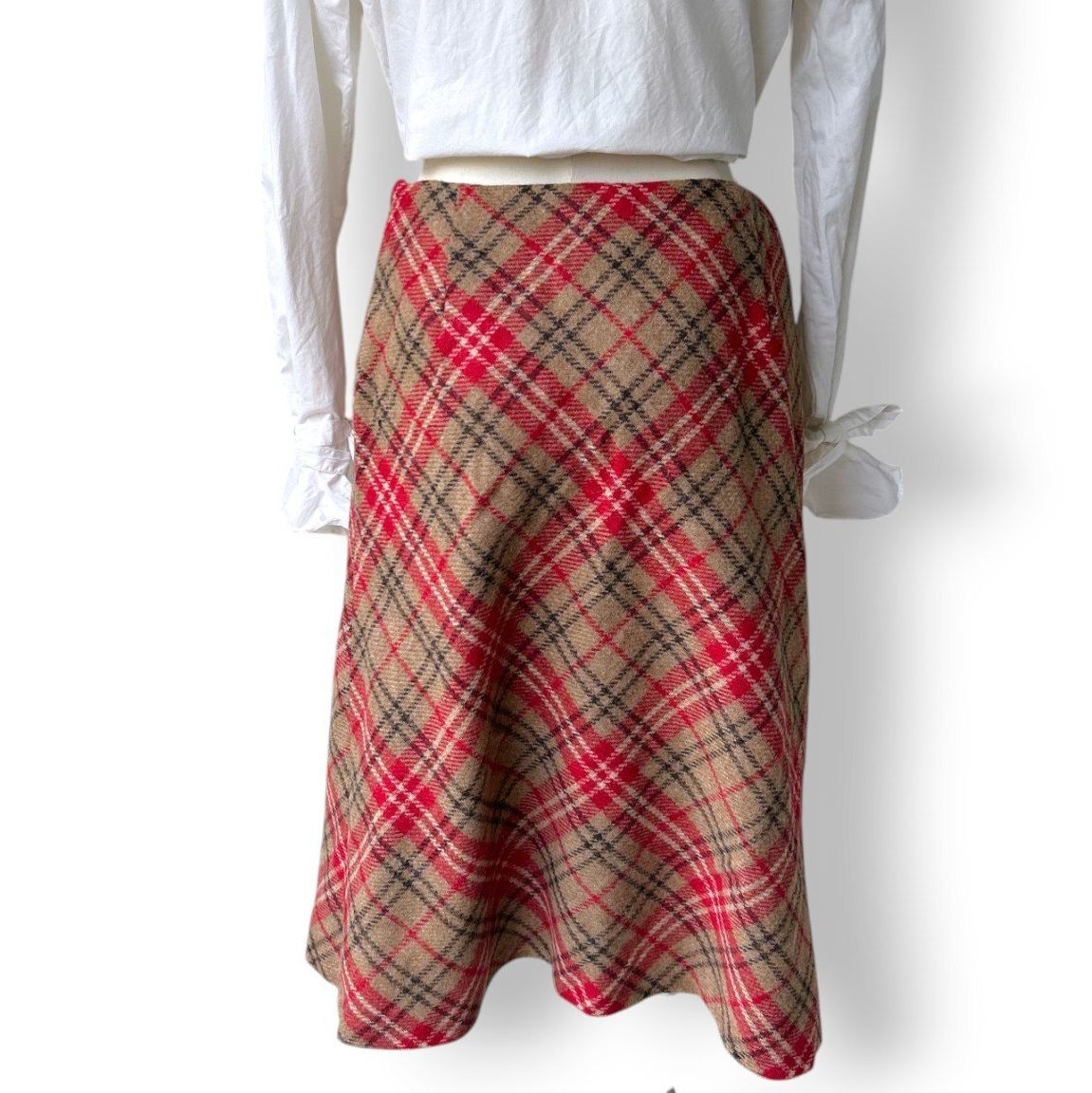 Vintage Laura Ashley Pure Wool Tartan Plaid Midi Skirt Red Beige UK 12 Lined