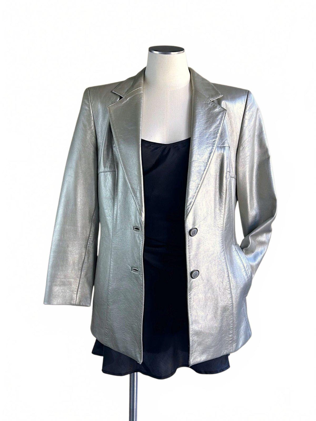 Vintage 90s Escada Metallic Lamb Leather Blazer in Champagne Silver