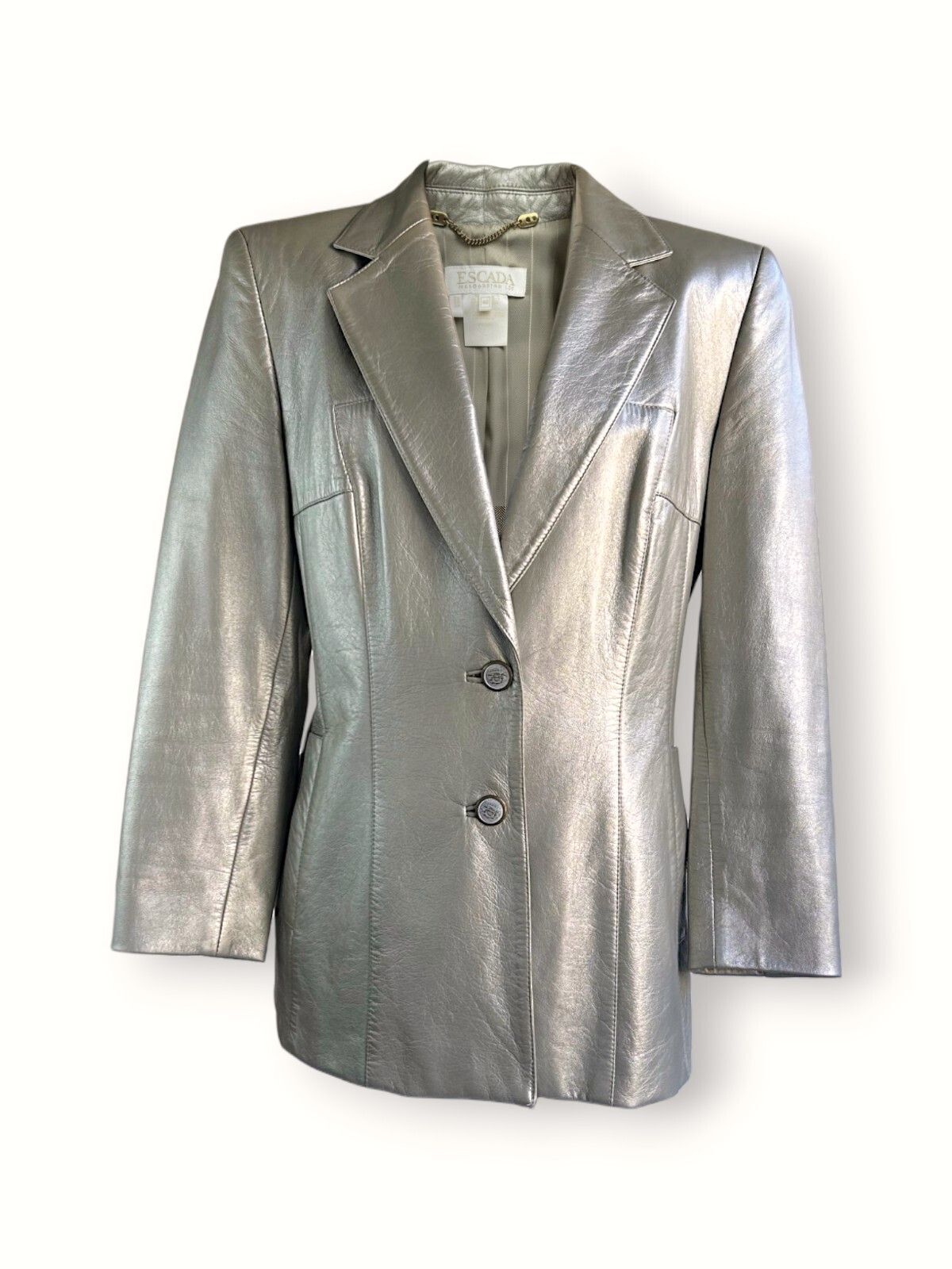 Vintage 90s Escada Metallic Lamb Leather Blazer in Champagne Silver